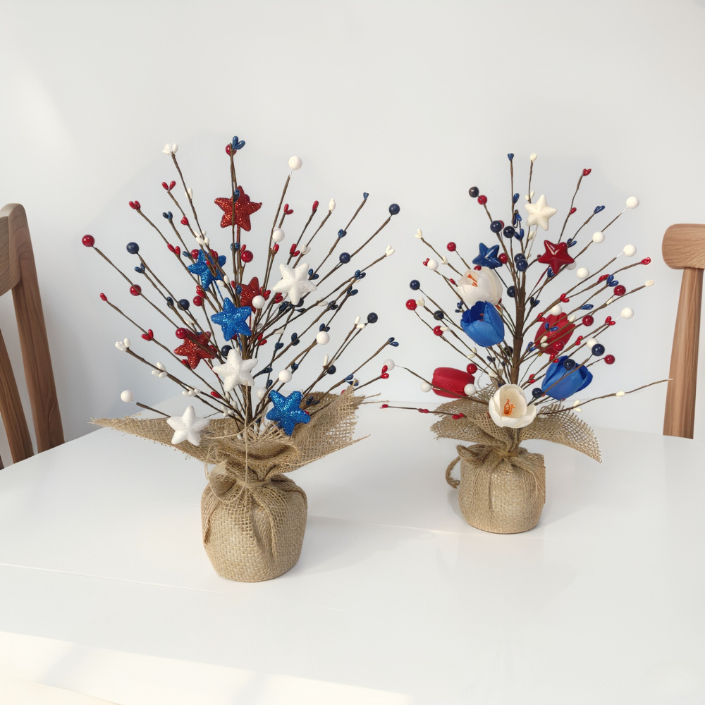 Adornos del Día de la Independencia de EE. UU. Ramas rojas, blancas y azules Adornos de la fiesta del Día Nacional de EE. UU. Pulpa de cinco estrellas