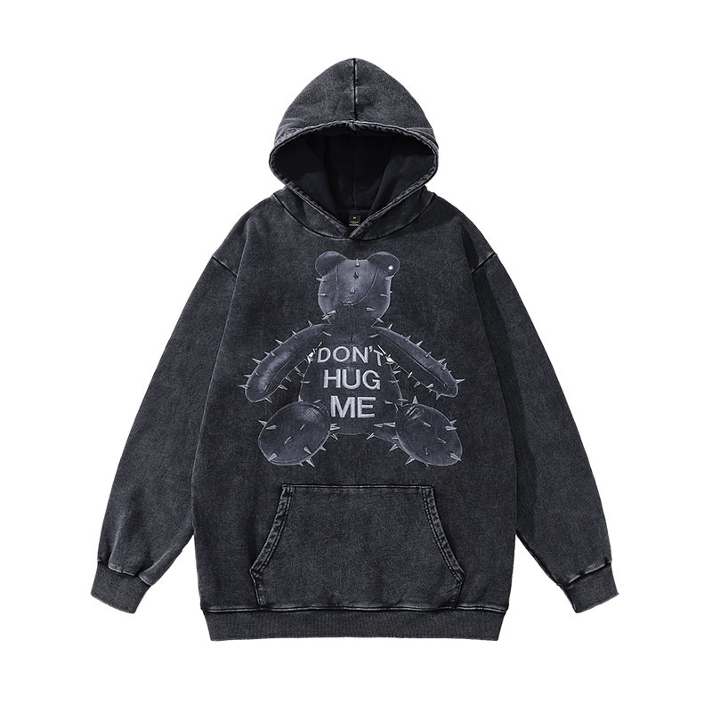 TKPA European and American high street dark bear print sports hoodie hip-hop street washing and old hooded sweatshirt men