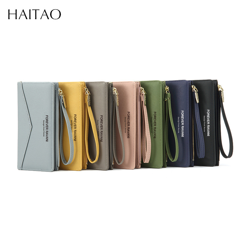 Haitao nuevo pu cartera simple japonés y coreano multi-Tarjeta embrague transfronterizo largo doble cartera color sólido