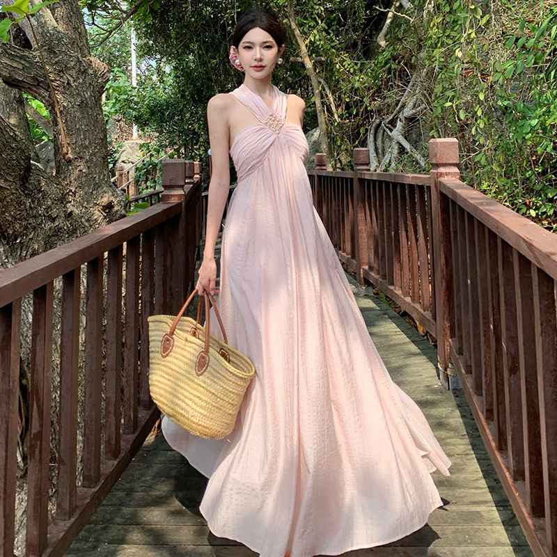 Pure Desire High Elegant Pink dress Women's Summer Holiday Style Niche Design Neck Holiday Strap Long Dress