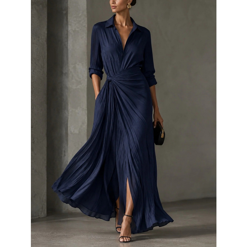 2026 European and American women's fashion, navy textured shirt-collar twisted wrap long-sleeve maxi dress 2026 European and American women's fashion, navy textured shirt-collar twisted wrap long-sleeve maxi dress