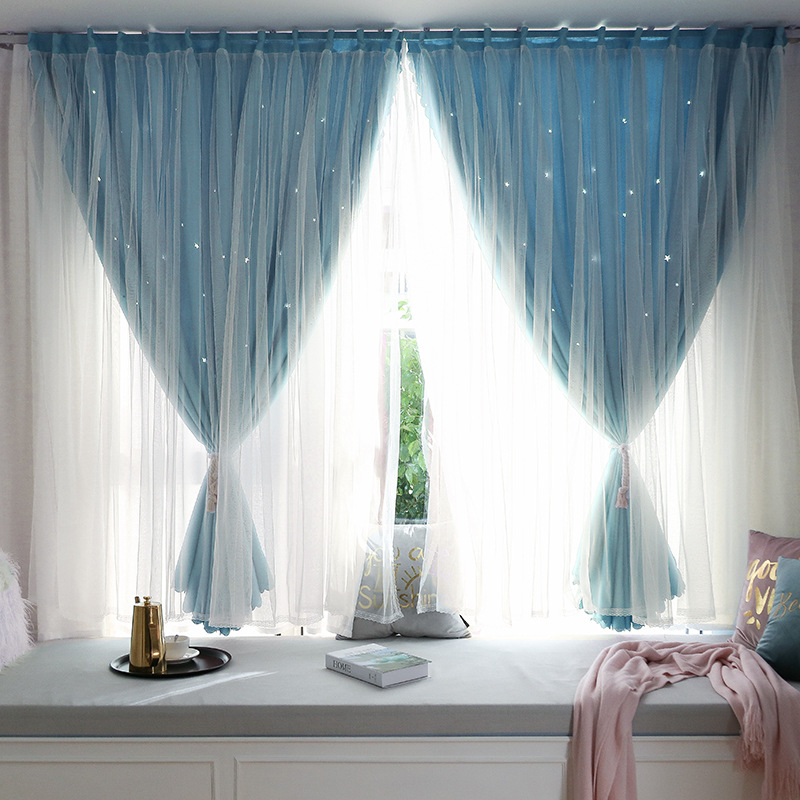 Gradiente estrella hueca de doble capa de cortina de Velcro instalación sin punzones tela de sombreado autoadhesiva entrega transfronteriza de una pieza