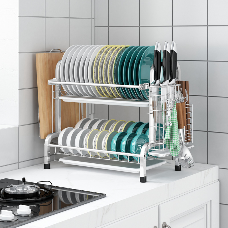 Amazon Cross-border Exclusive Stainless Steel Kitchen Countertop Bowl Utensil Chopsticks Cutting Board Knife Storage Drainage Storage Rack