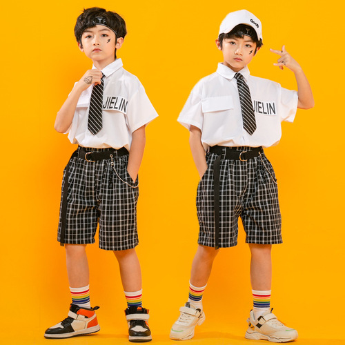 Children rapper white plaid hip hop street dance costumes cheerleader uniforms gogo dancer JK style performance suit  for boys girls