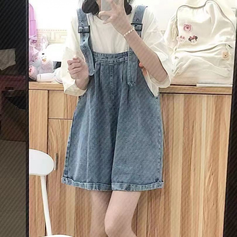 牛仔背带裤女2025新款夏季减龄薄款大码宽松显瘦小个子阔腿短裤潮