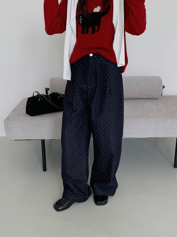苏奈 高腰波点直筒休闲裤女25秋冬韩版百搭宽松阔腿长裤fromanna|undefined