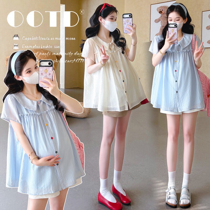Real Shot of 2026 Summer Maternity Korean-Style Sweet Doll-Collar Patchwork Top + Belly-Support Shorts