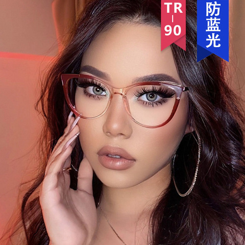 Cat's Eye Flat Mirrors Anti-Blue Light TR90 Spring Legs  New Foreign Trade Glasses Frame European and American Trendy Large Frame Glasses