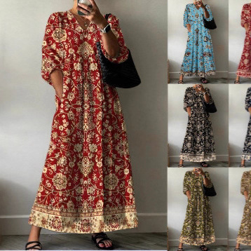 2025 Summer European and American Cross-Border Amazon Fashion Casual V-Neck Mid-Sleeve Floral Long Dress
