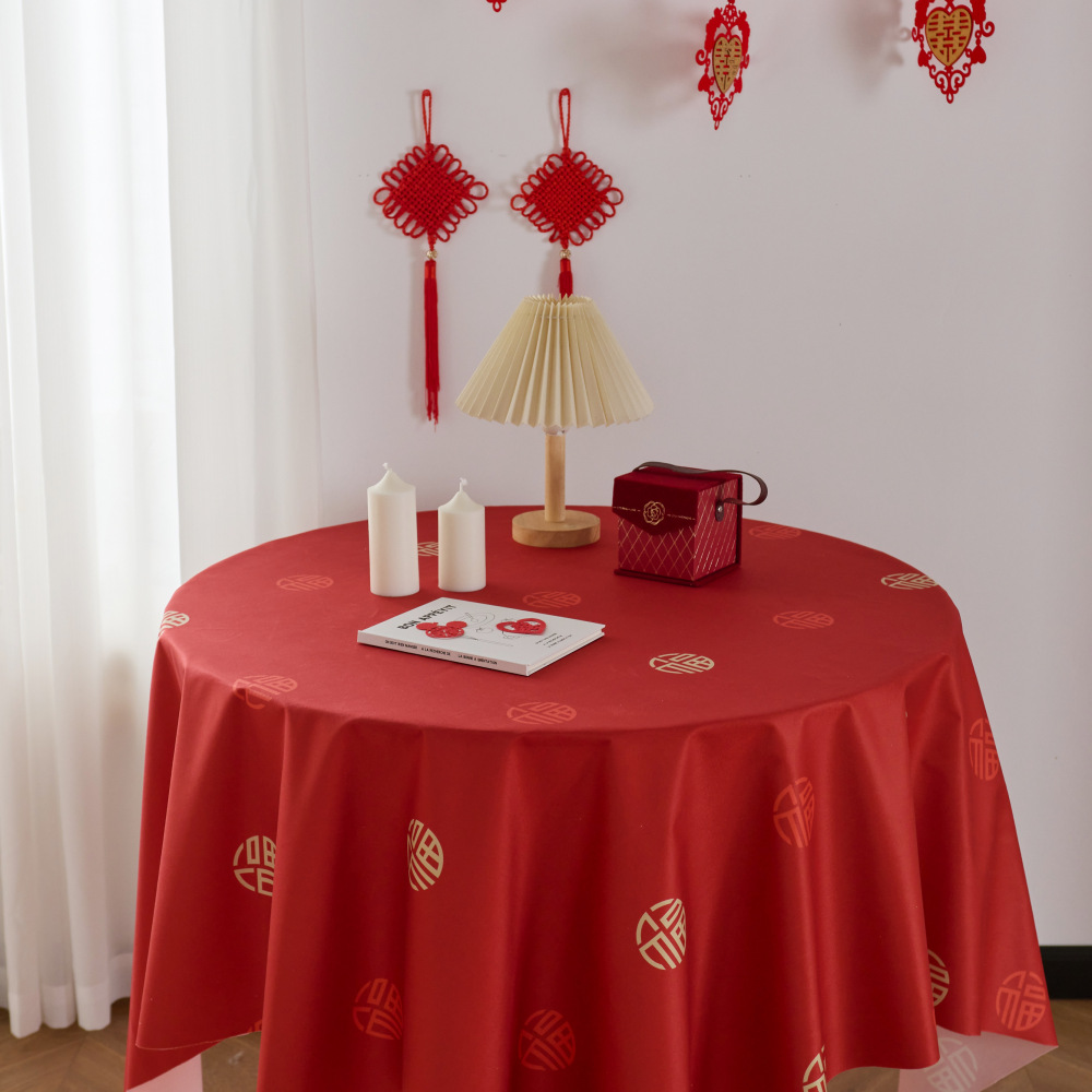 Red Wedding Tablecloth with Happy Words, Chinese Wedding Festive Decoration, Hotel Banquet Tablecloth, Red Wedding Wholesale