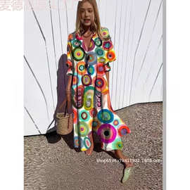 2024跨境亚马逊女装新款大码款缩褶欧美独立站印花气质通勤连衣裙