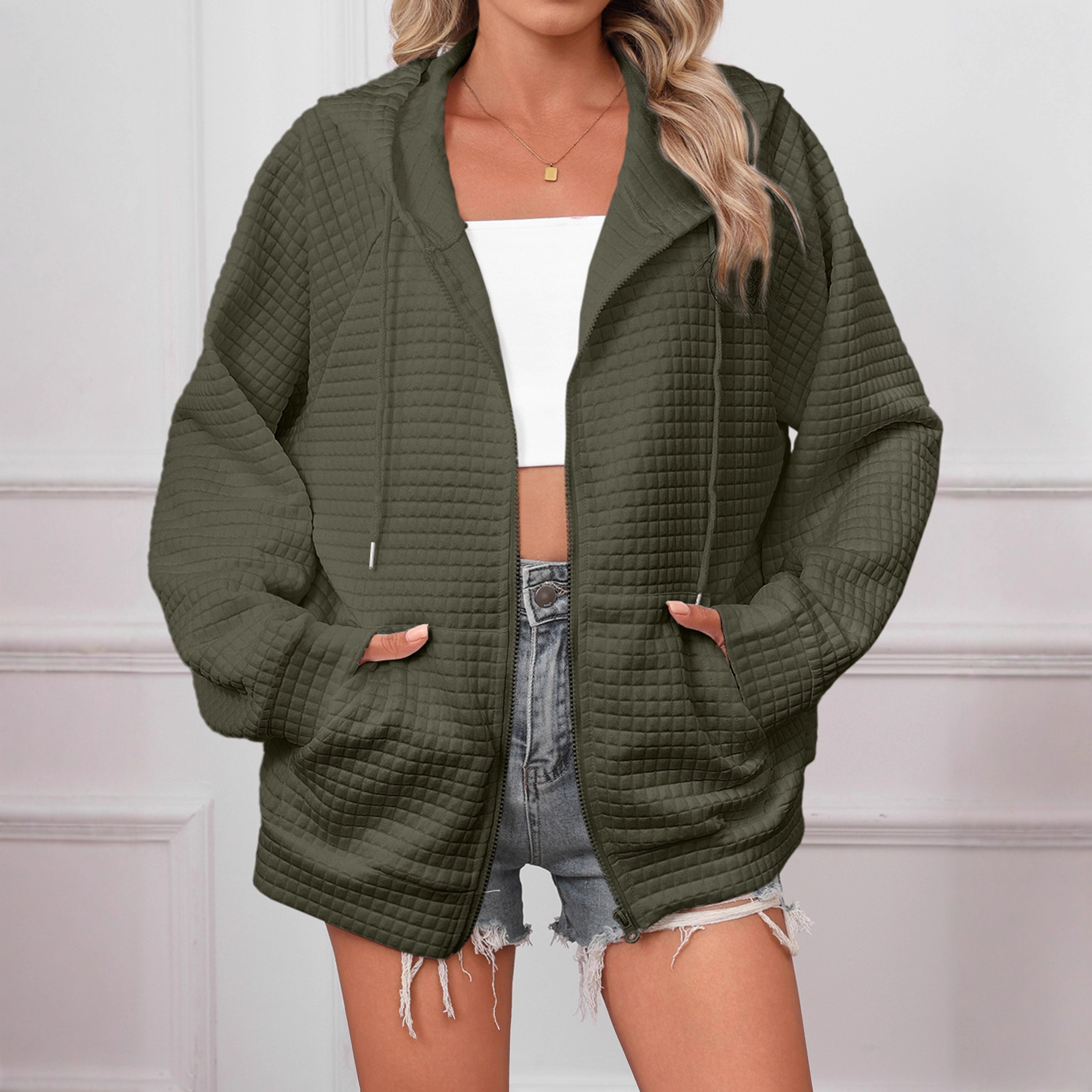 Autumn And Winter Waffle Hooded Drawstring Sweatshirt Casual Zip Jacket Jacket For Women_ecoleips.com