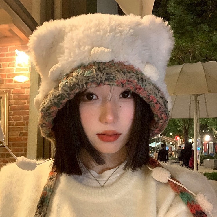 韩系可爱小熊耳朵毛绒针织帽子女秋冬季保暖加绒毛茸茸护耳雷锋帽|undefined