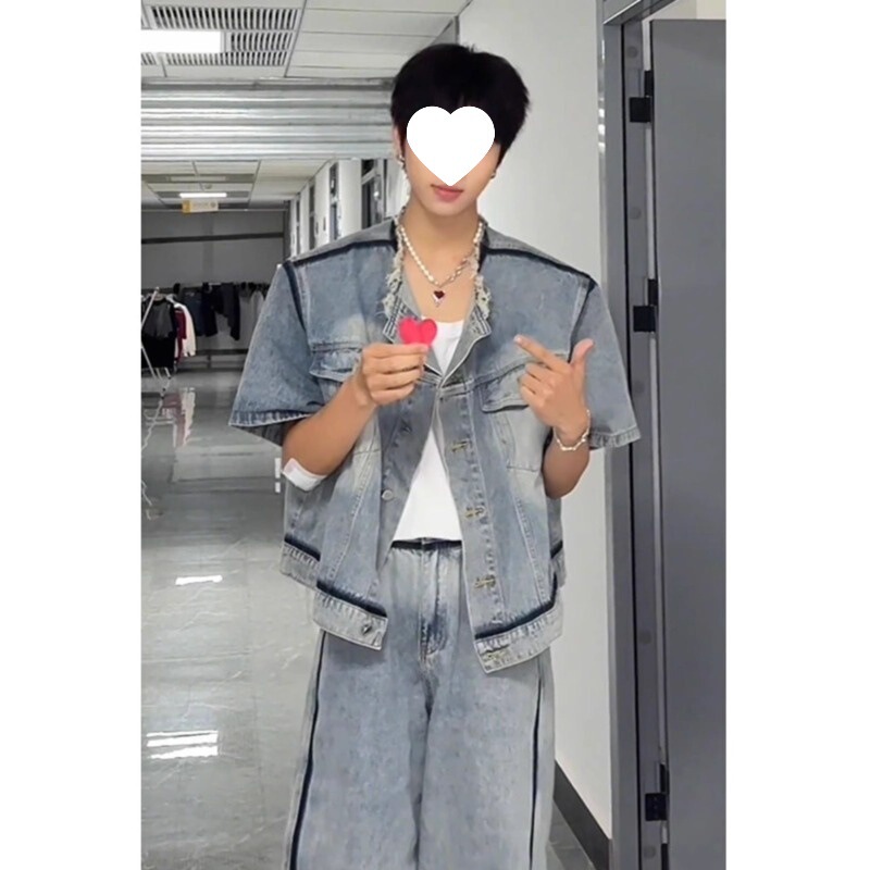 Tweed Style Light Blue Short-Sleeved Denim Thin Jacket Men's 2025 Summer New Collarless Raw Edge Short Shirt