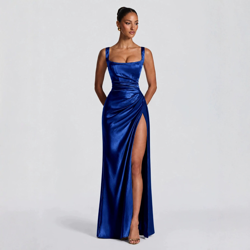 Elegant Women's Blue Square-Neck Long Cocktail Dress, Featuring Pleats and Slit Design, Is Perfect for Prom and