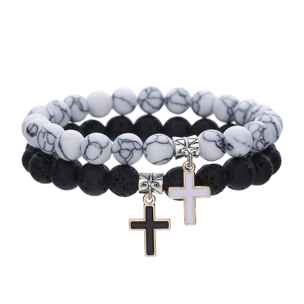 Elastic Couple Bracelet With Volcanic Stone And Astronaut Charm_voghion.com