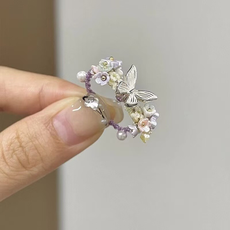 「Butterfly Dream」新しい中国風の蝶の花編み込みリング赤いロープ編み込み人差し指リング女性の甘いスタイルリング|undefined