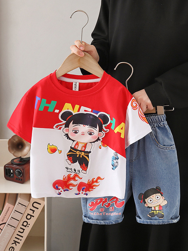 7852 Ropa infantil Nezha, conjunto de ropa de verano para niños, nuevo estilo 2026, ropa de verano de manga corta para bebés, ropa infantil a la moda