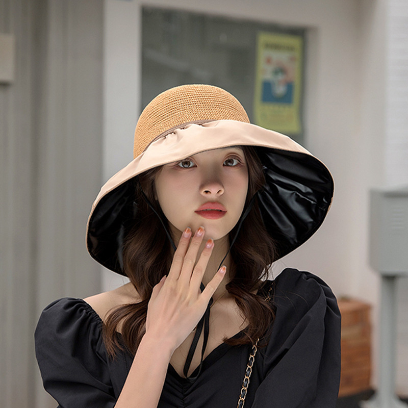 Hepburn-Stil für Damen, Sommer, schwarzer Kleber, Aufbewahrungstasche, Fischerhut aus Stroh mit Schleife, hohler Sonnenschutz, Sonnenhut_voghion.com