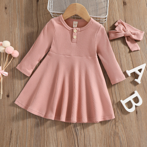 Ins-style Spring and Autumn Season Cross-border Exclusive Girls' Clothing Round Neck Buttonless Plain Color Casual Comfort Ribbed Long Sleeve Dress