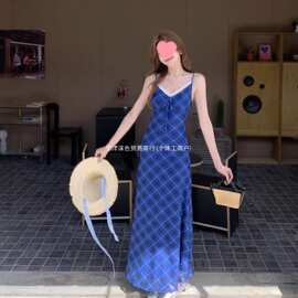法式复古克莱因蓝格纹吊带夏季新款辣妹风设计感甜辣风掐腰长裙子