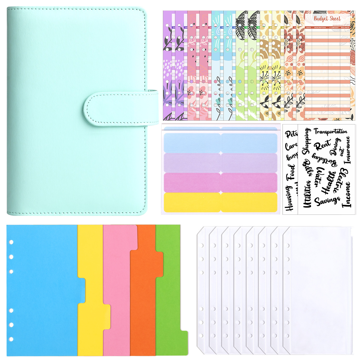Presupuesto transfronterizo Cash Clip de hojas sueltas Bolsa con cremallera Sobres Libro de cuentas A6 Macarons PU Cuaderno de hojas sueltas de cuero