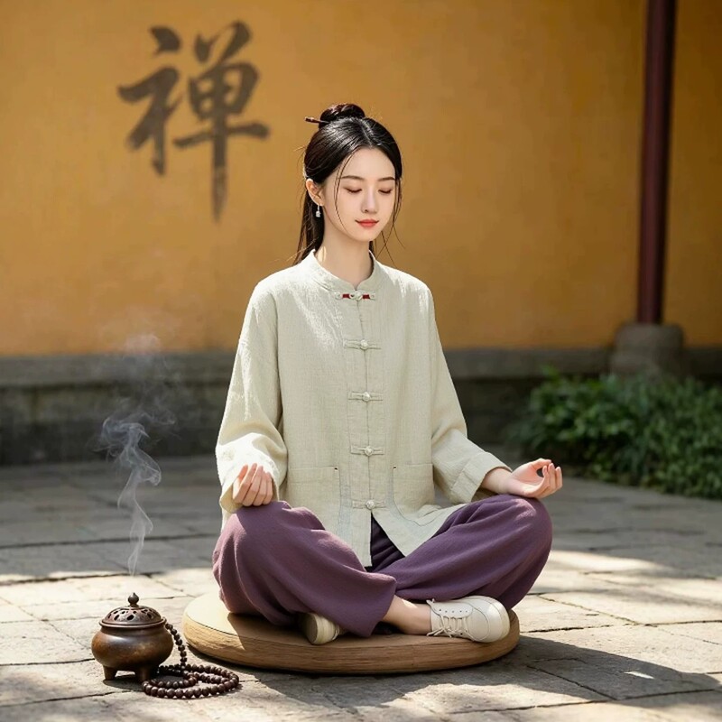 High-end Zen clothing for women, Zen-inspired Buddhist women's wear, new Chinese-style long-sleeved top, meditation and Zen practice attire, layperson's clothing High-end Zen clothing for women, Zen-inspired Buddhist women's wear, new Chinese-style long-sleeved top, meditation and Zen practice attire, layperson's clothing