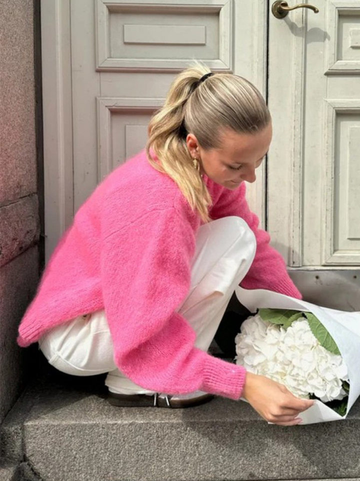 Áo cardigan len dệt kim dáng mỏng nhẹ cài nút một hàng, tay dài cổ tròn nữ — hoa hồng đỏ, màu be, màu cam, màu hoa cà chi tiết 28