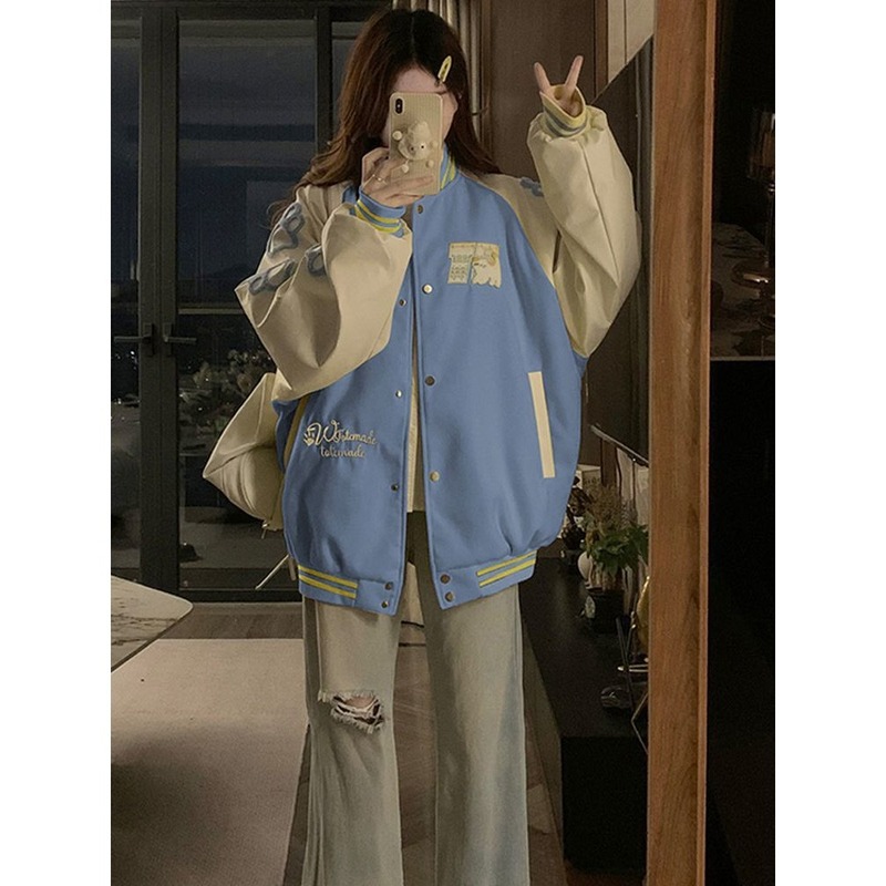 奶呼呼拼接刺绣棒球服外套春秋季美式复古慵懒风小个子夹克上衣|undefined