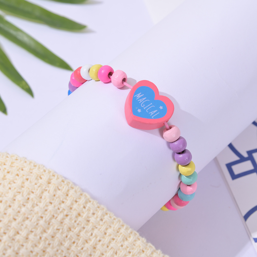 Cartoon Style Heart Shape Wood Kidu0027S Bracelets 12 Pieces