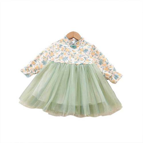 Spring and autumn girls retro dress, baby girls mesh cheongsam princess dress, long sleeves, autumn outing dress, children's dress