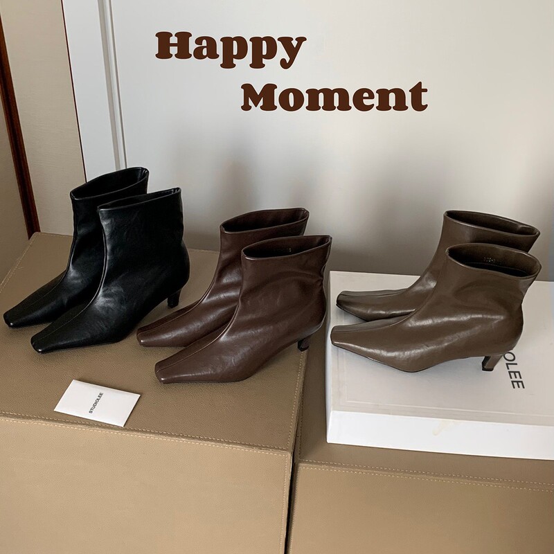 Sheepskin version ~ Ready to ship in seconds, height increase 6.5cm ~ Minimalist French square toe stiletto slim short ankle boots for women
