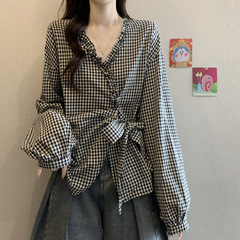 2025新款法式木耳边长袖衬衫女秋季外搭设计感绑带大码小衫A6831