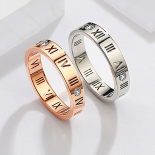 Wenjian Factory Direct Sales European and American Style Diamond-Encrusted Roman Numeral Titanium Steel Ring Fashionable Rose Gold Couple Ring Jewelry Wholesale