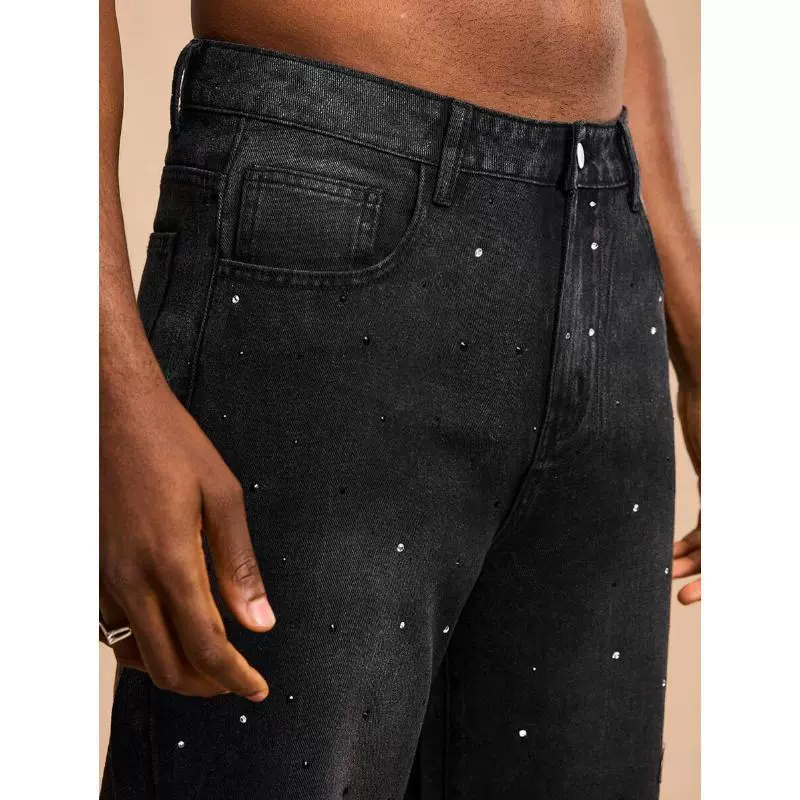 Мужские свободные джинсы с кристаллами, тёмно‑серый washed, relaxed fit