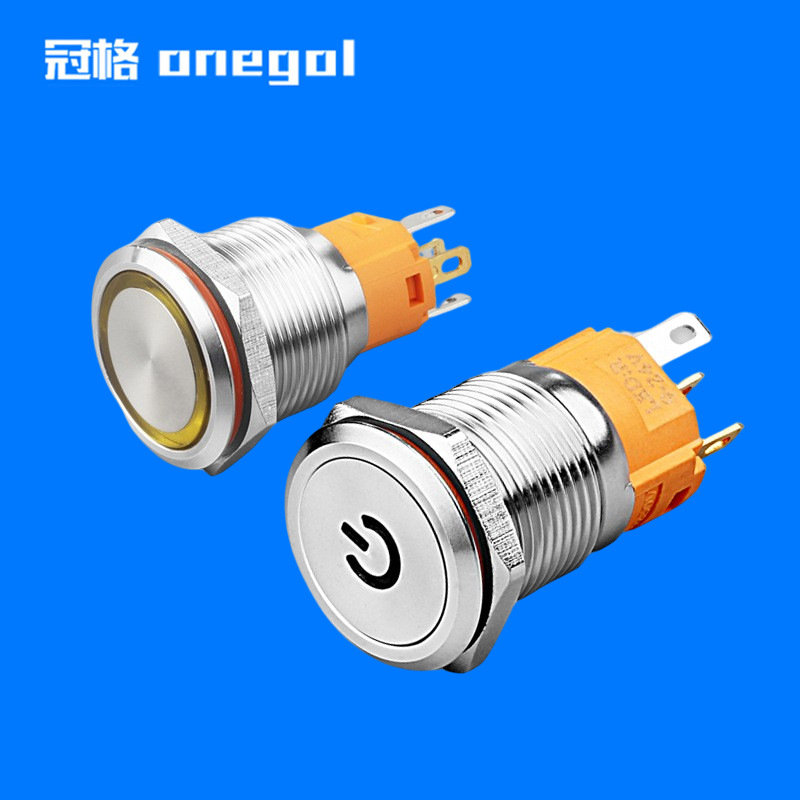 19mm防水金属按钮开关自锁复位带灯铜镀氧化黑按钮颜色符号可选