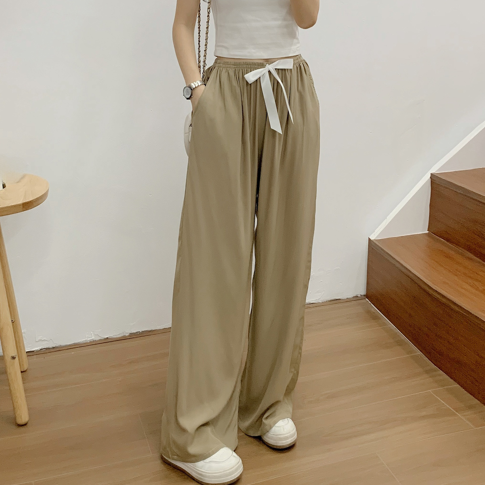 Pyjamahose aus Baumwolle und Seide für den Sommer, neue einfarbige, hohe Taille, Bonbonhose mit weitem Bein, dünne Außentasche_voghion.com