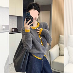 灰色设计感假两件针织开衫女春秋设计感上衣开春韩系穿搭毛衣外套