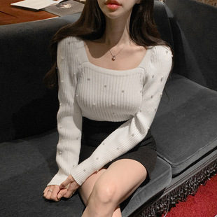 South Korea chic autumn and winter age-reducing retro niche design sense temperament square collar beaded sweater women's long sleeve sweater