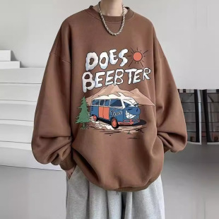 2024 American cartoon printed heavy sweater men's all-match fashionable ins fashion brand long-sleeved T-shirt autumn wear hooded bottoming shirt