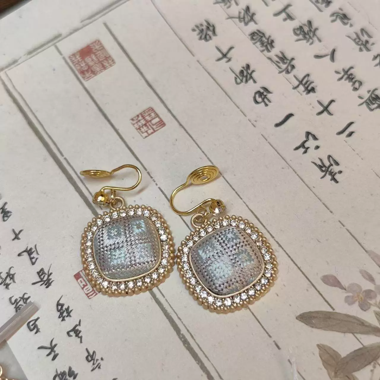 新中式DIY非遗壮锦方糖耳环时尚高级感港风复古汉服旗袍耳饰伴手