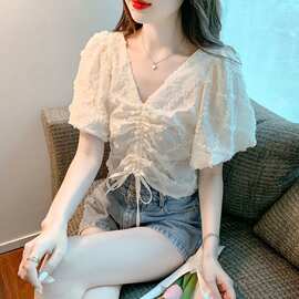 方领上衣蕾丝衬衫女短袖夏季抽绳领泡泡袖仙女小衫法式短款上衣