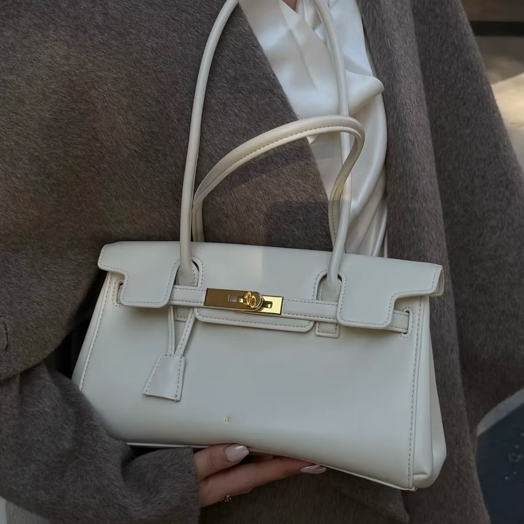 Internet Celebrity Style Yara Long-Handle Kelly Baguette Bag, Simple Solid Color Lock Buckle Underarm Bag, Women's Commuter Shoulder Bag