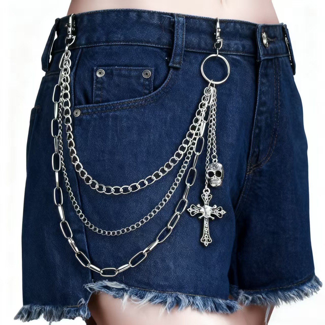 Herre taljekæde med kranium vedhæng dobbeltlags sort kæde_voghion.com