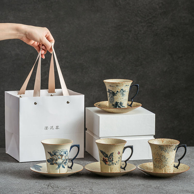 Dehua 2026 Popular Hand-Painted Coffee Cup and Saucer Set, Light Luxury High-End Gift Box, Household Ceramic Tableware Wholesale
