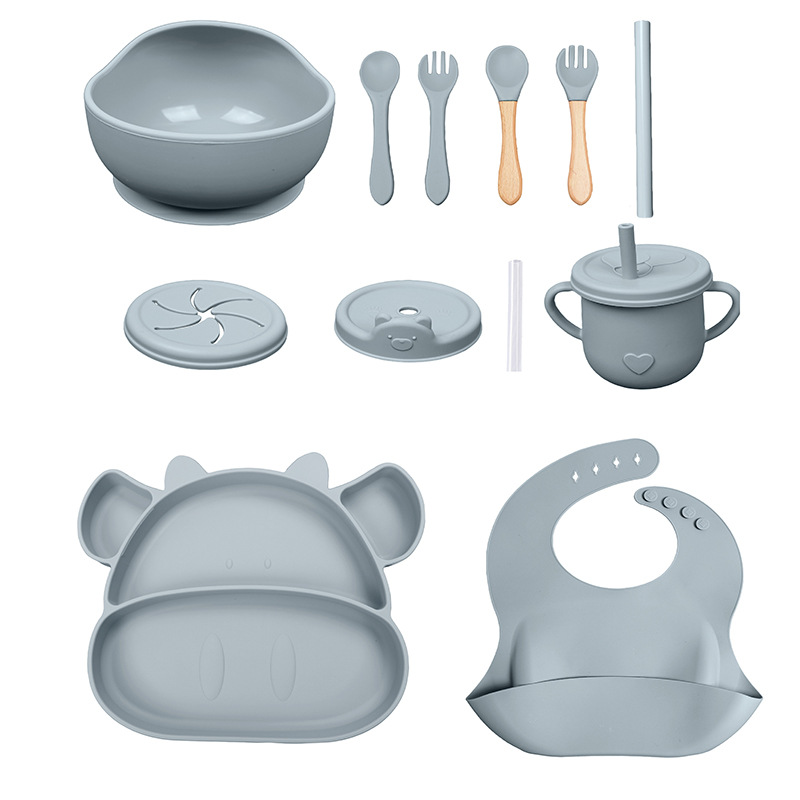 Conjunto de cubiertos para niños tazón de alimentos suplementarios platos de silicona tazón de cuchara de tenedor bib taza de agua de grado alimenticio para bebés alimentación suplementaria