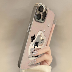 镂空黑猫适用苹果16promax唯美气质 时尚女手机壳iPhone15电镀