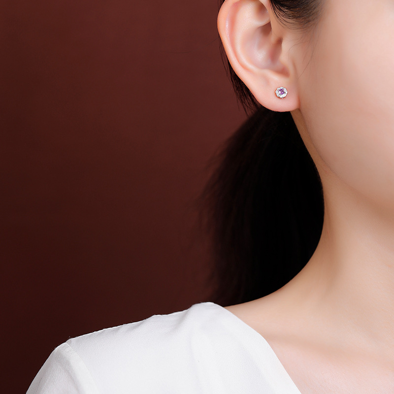 Bông tai bạc S925 mạ vàng mặt đá thạch anh tím hình hoa hướng dương — Mẫu bạc