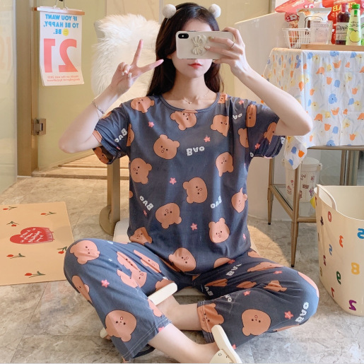 Pijamas para mujer, estilo coreano, de manga corta, con dibujos animados, pantalones largos, estilo fino, 2025, holgados, dulces, para primavera y otoño, conjunto para estar en casa.