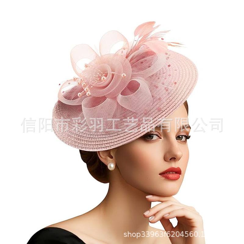 Cross-Border Popular Mesh Flower Headpiece, Straw Feather Hair Accessory, Horse Racing Festival Tea Party Bridal Prom Hat Headpiece